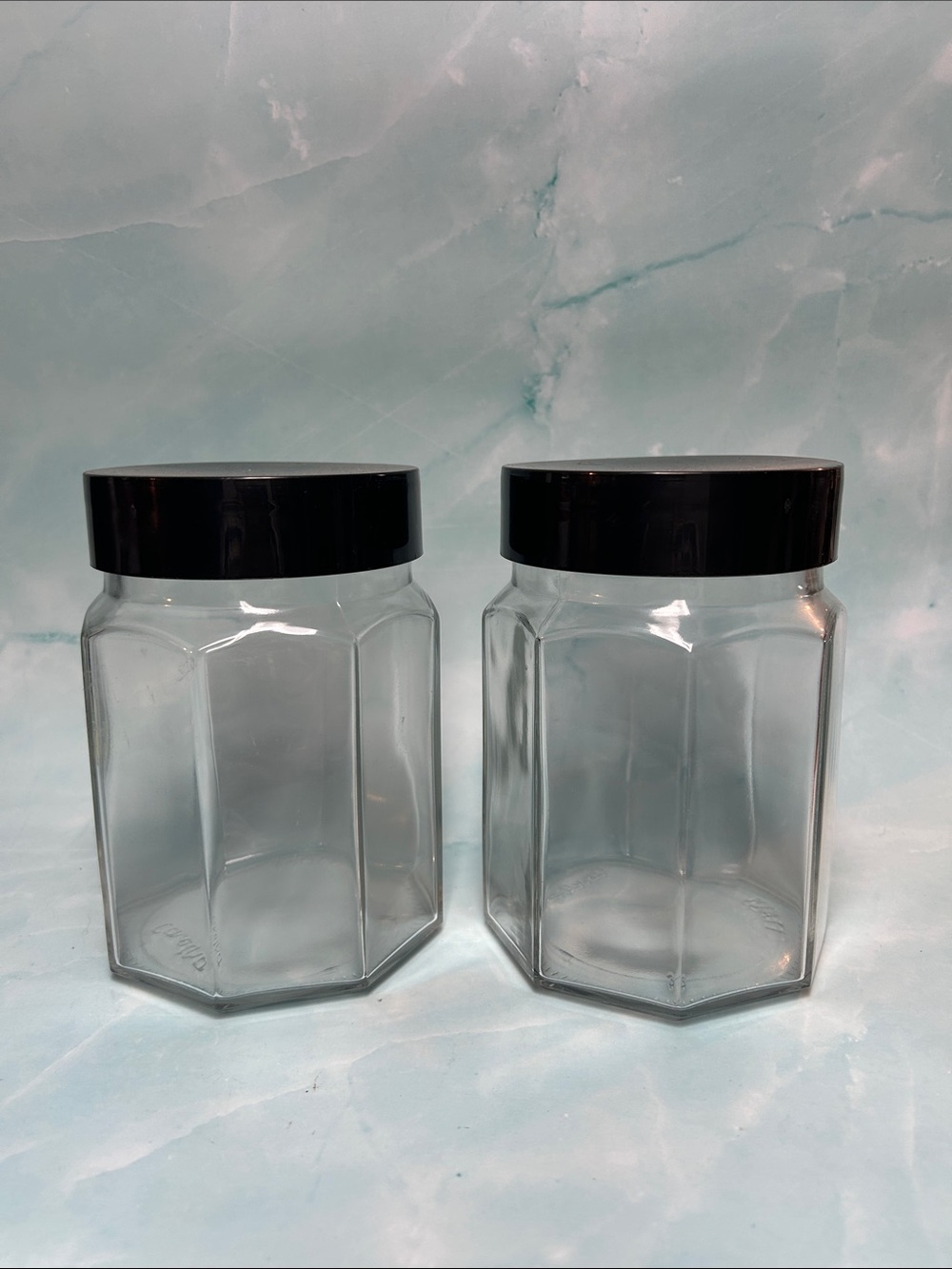 🔥🔥2 VINTAGE COVETRO ITALY ITALIAN GLASS FOOD STORAGE JAR BLACK PLASTIC LID